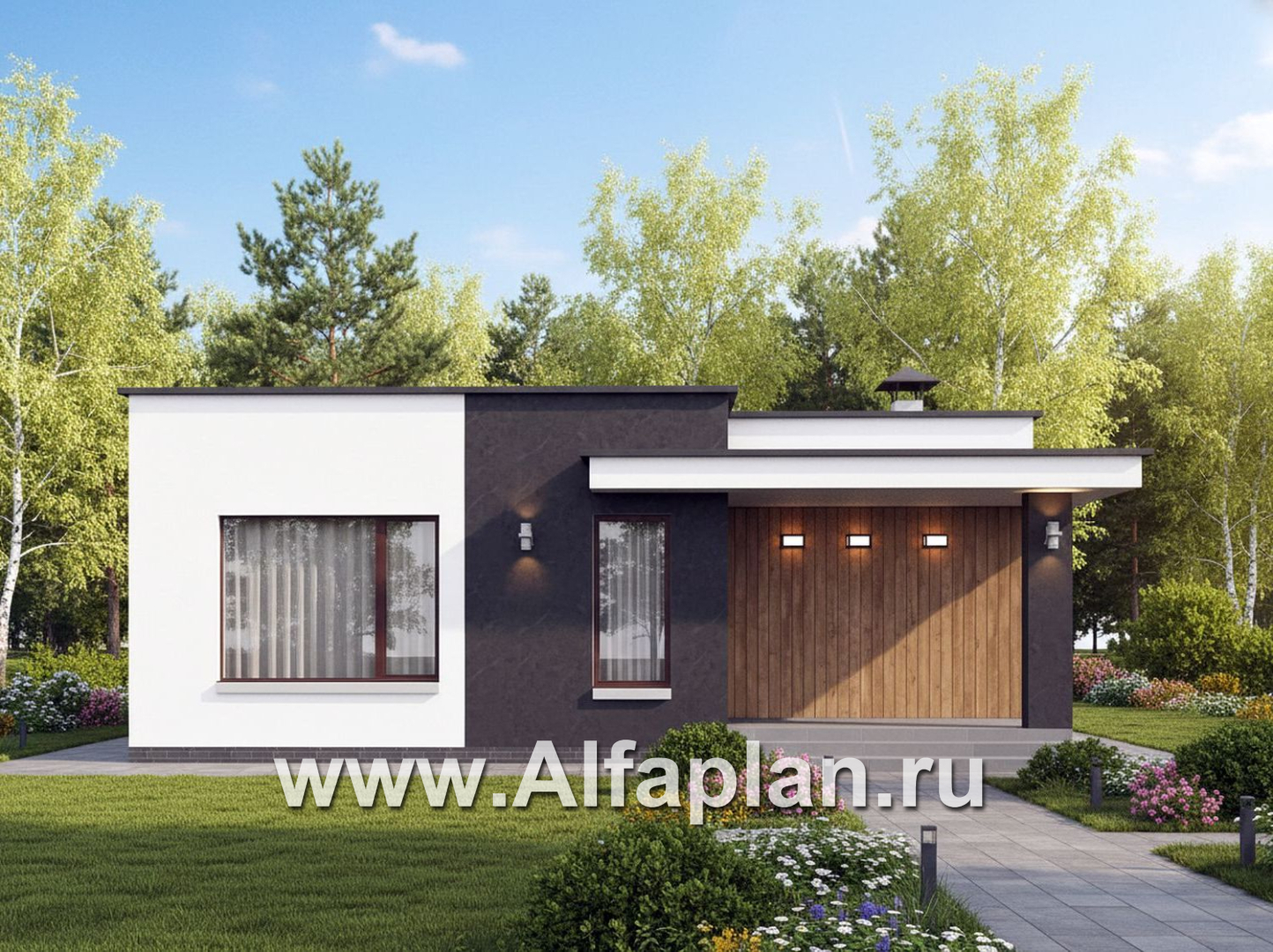 «Заозерье» - проект практичного одноэтажного коттеджа с плоской крышей, планировка 2 спальни - основное изображение