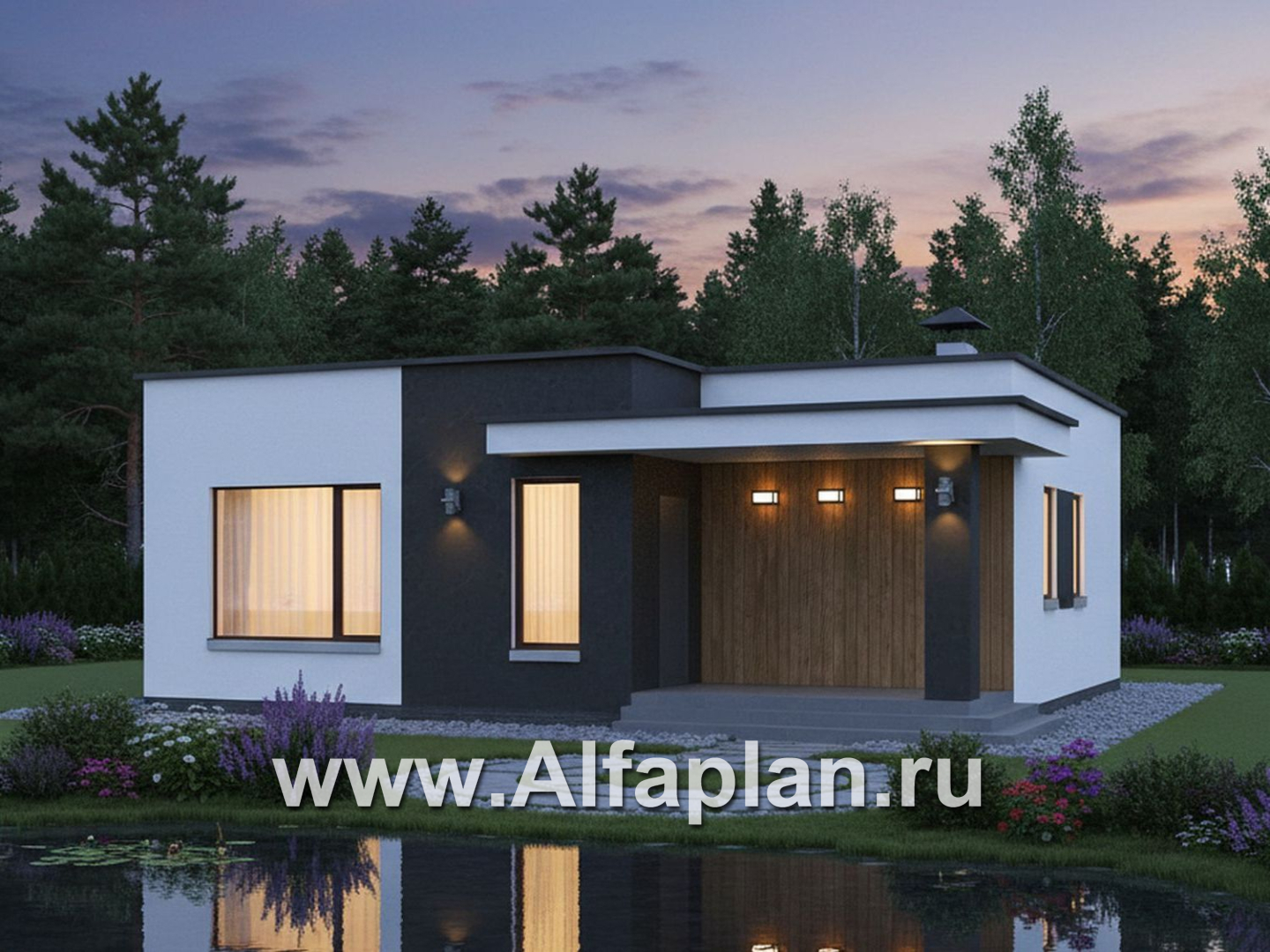 «Заозерье» - проект практичного одноэтажного коттеджа с плоской крышей, планировка 2 спальни - дизайн дома №1