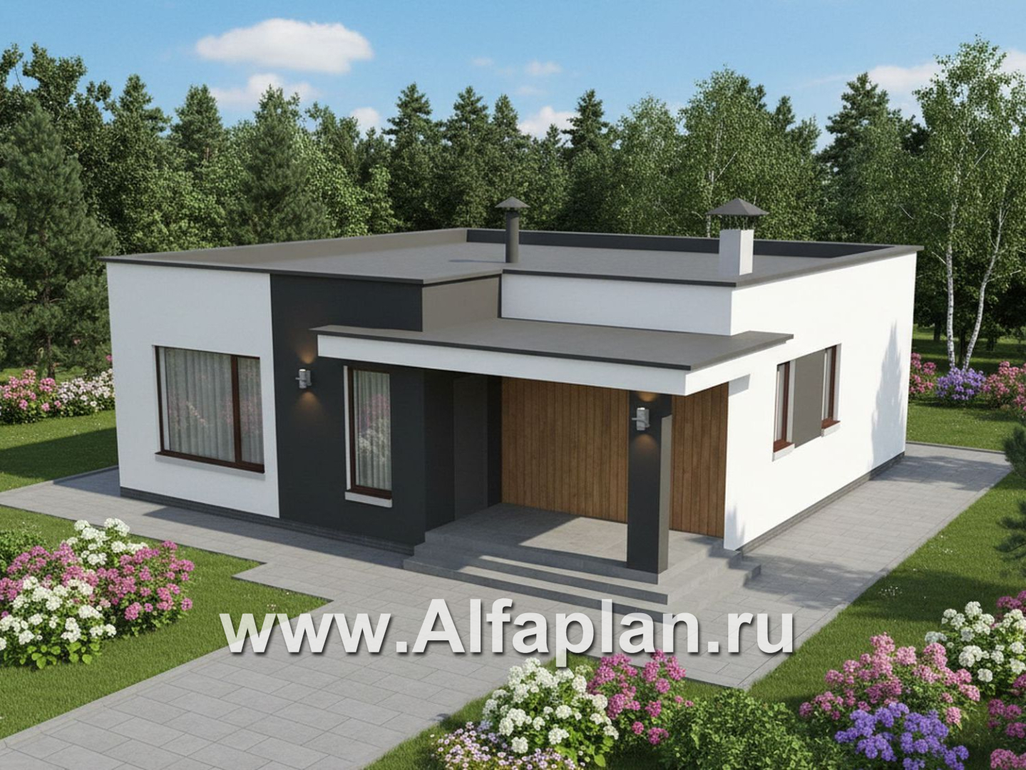 «Заозерье» - проект практичного одноэтажного коттеджа с плоской крышей, планировка 2 спальни - дизайн дома №3