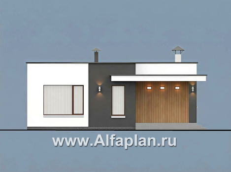 «Заозерье» - проект практичного одноэтажного коттеджа с плоской крышей, планировка 2 спальни - превью фасада дома - фото №1