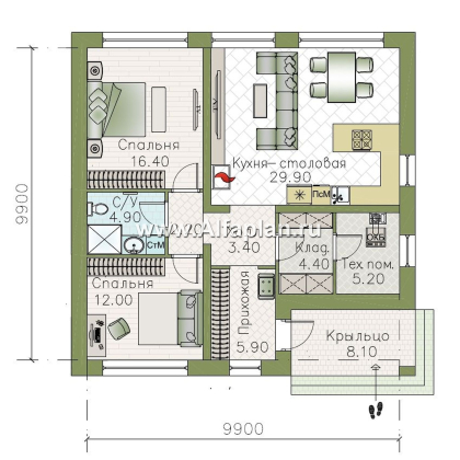 «Заозерье» - проект практичного одноэтажного коттеджа с плоской крышей, планировка 2 спальни - превью план дома - фото №1