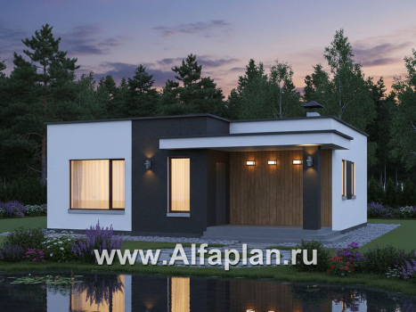 «Заозерье» - проект практичного одноэтажного коттеджа с плоской крышей, планировка 2 спальни - превью дополнительного изображения №1