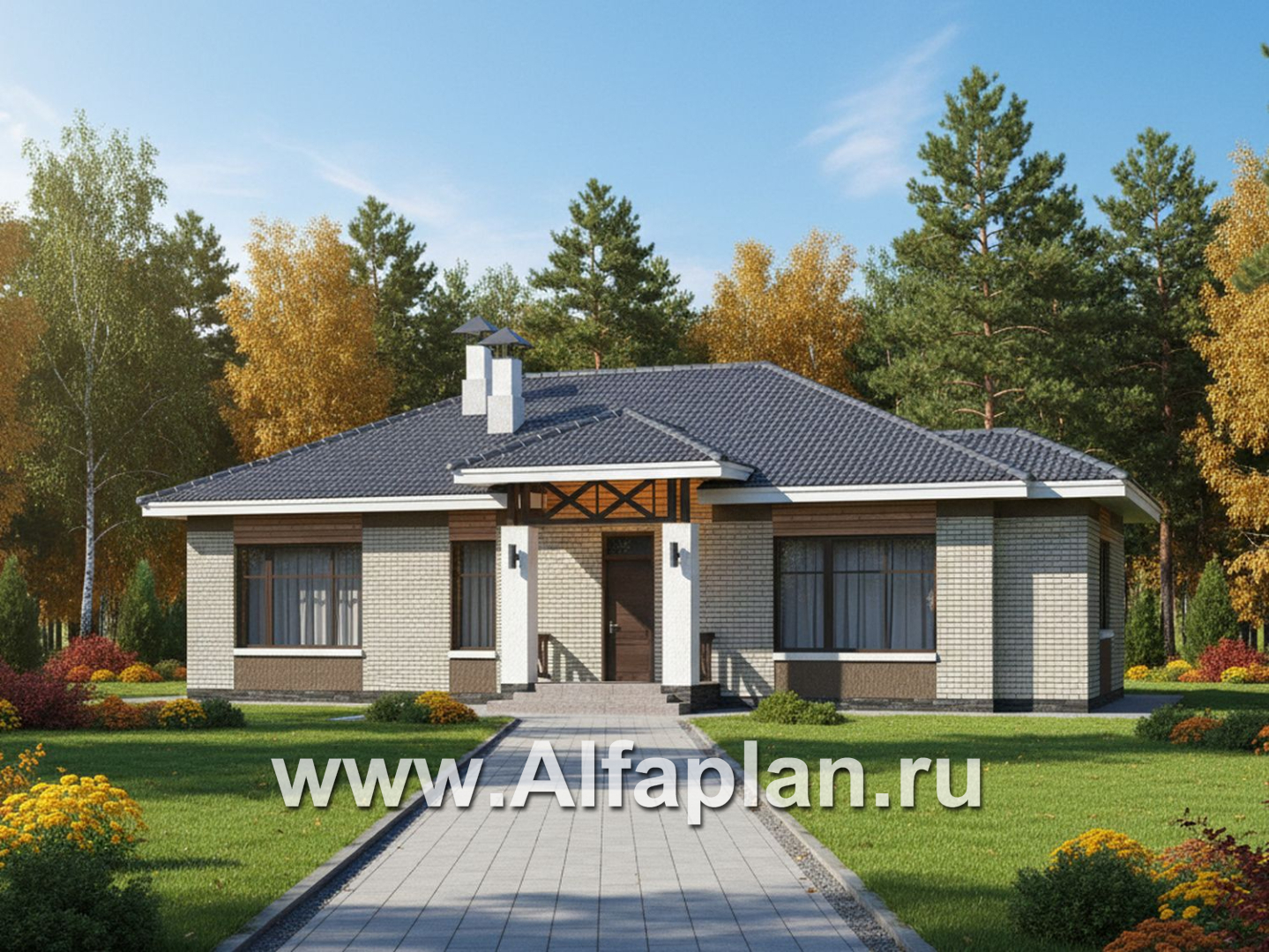 «Покровка» - проект одноэтажного коттеджа из газобетона, мастер спальня, с террасой - основное изображение