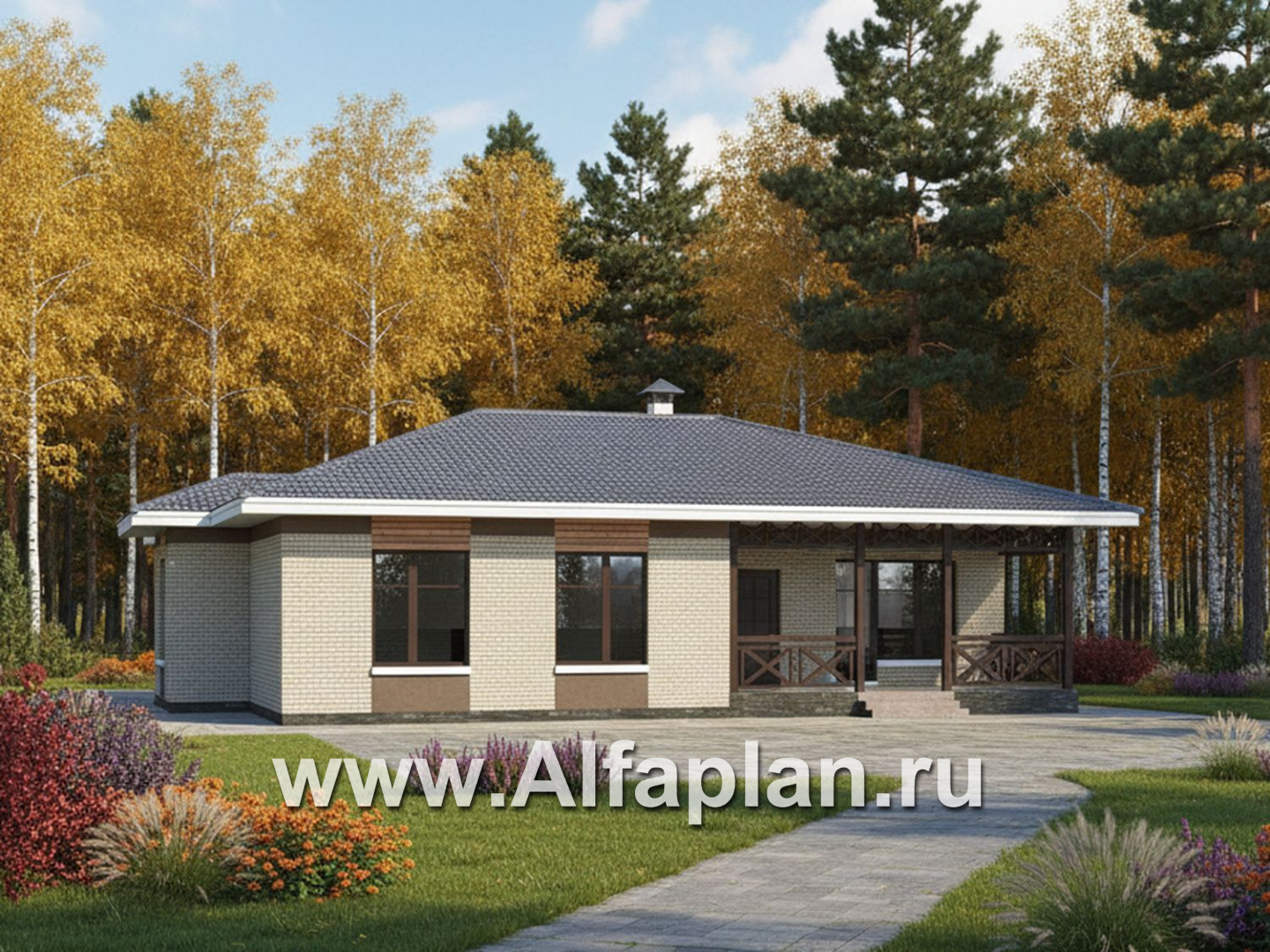 «Покровка» - проект одноэтажного коттеджа из газобетона, мастер спальня, с террасой - дизайн дома №1