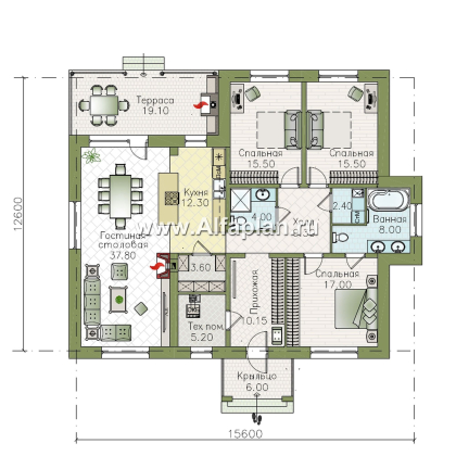 «Покровка» - проект одноэтажного коттеджа из газобетона, мастер спальня, с террасой - превью план дома - фото №1