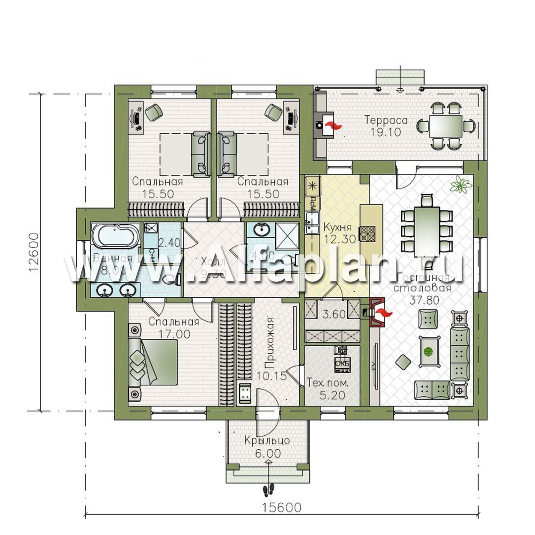 «Покровка» - проект одноэтажного коттеджа из газобетона, мастер спальня, с террасой - план дома - фото №1