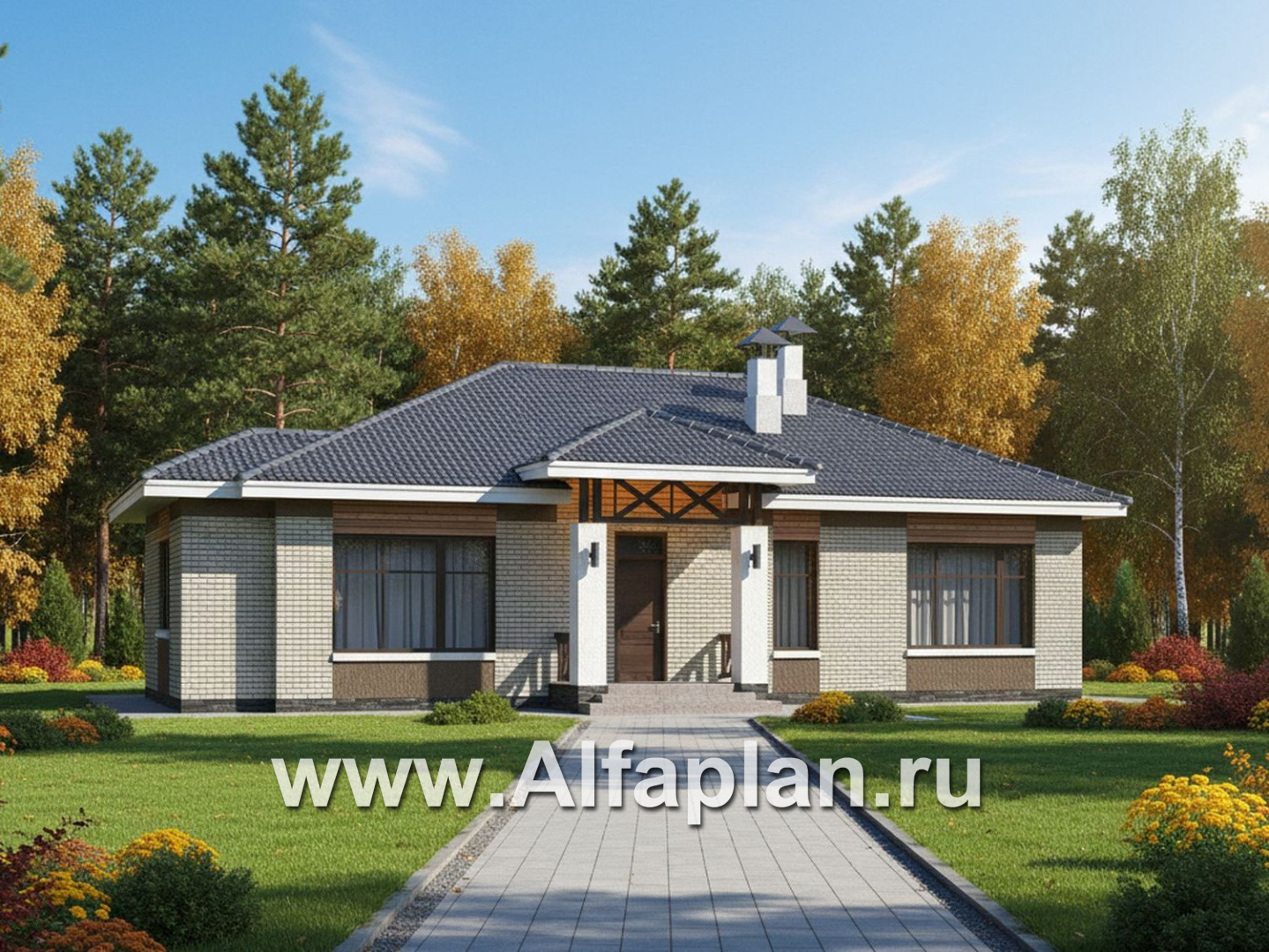 «Покровка» - проект одноэтажного коттеджа из газобетона, мастер спальня, с террасой - основное изображение