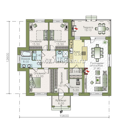 «Покровка» - проект одноэтажного коттеджа из газобетона, мастер спальня, с террасой - превью план дома - фото №1