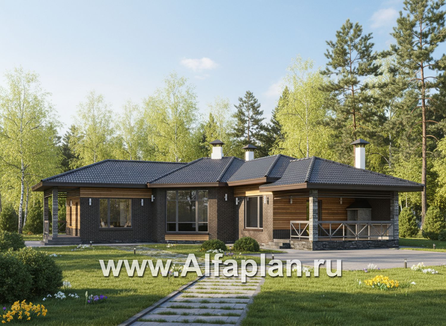 «Пульсар» - проект одноэтажного КАРКАСНОГО дома, с диагональным планом,  с террасой и барбекю - основное изображение