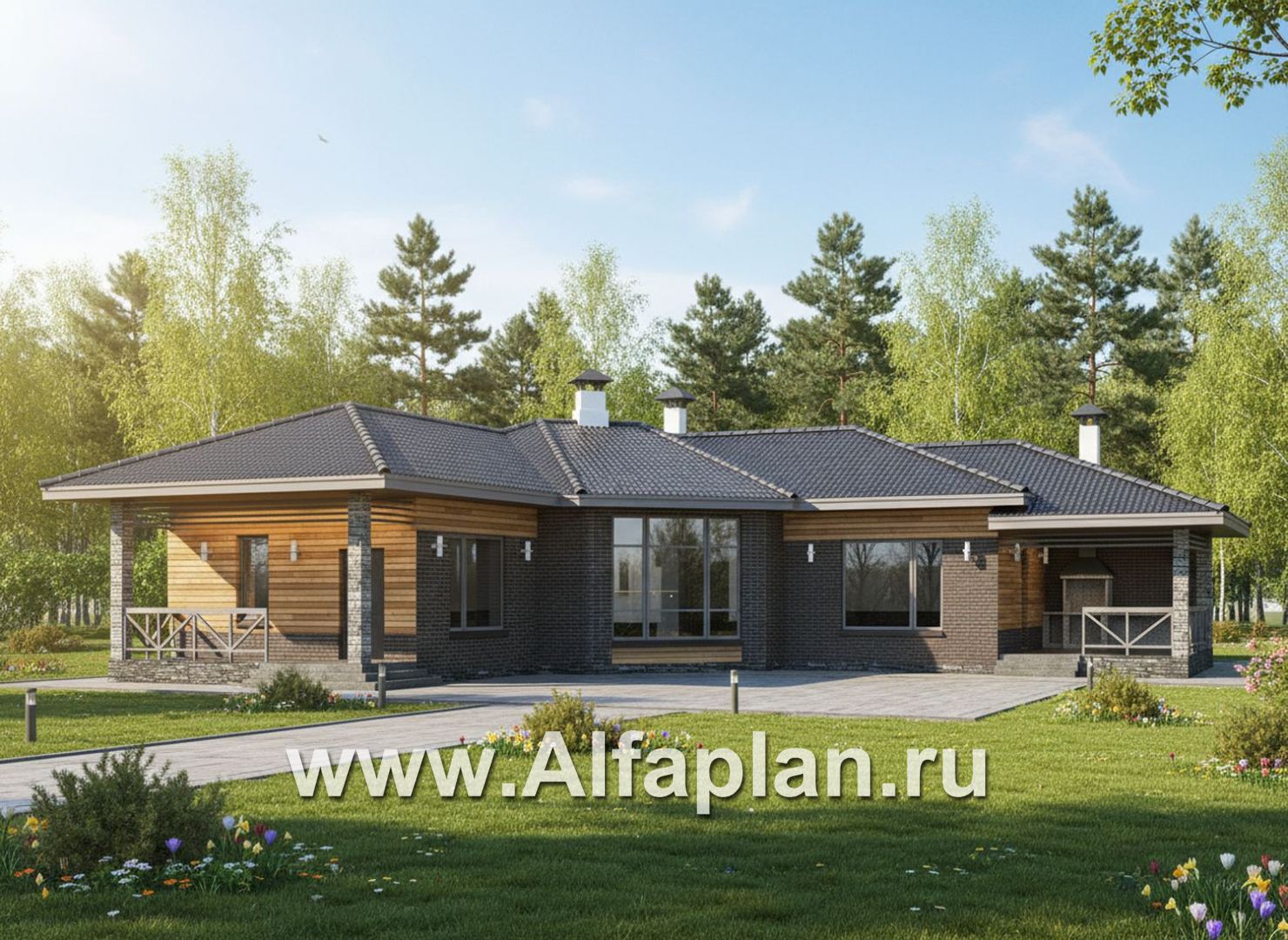 «Пульсар» - проект одноэтажного КАРКАСНОГО дома, с диагональным планом,  с террасой и барбекю - дизайн дома №2