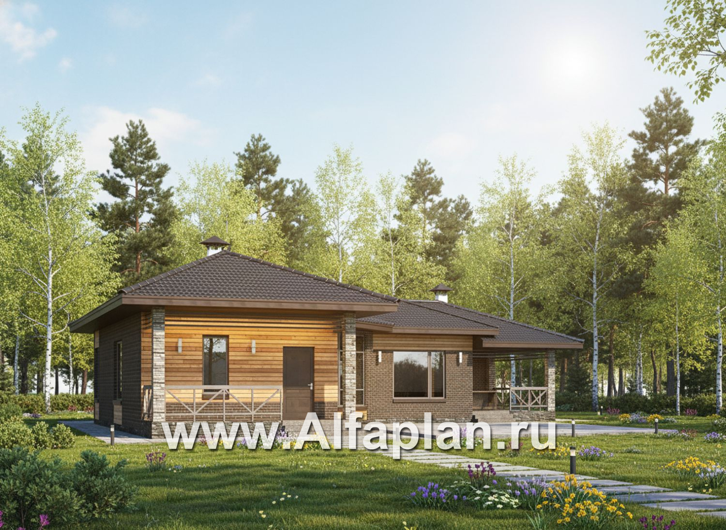 «Пульсар» - проект одноэтажного КАРКАСНОГО дома, с диагональным планом,  с террасой и барбекю - дизайн дома №3