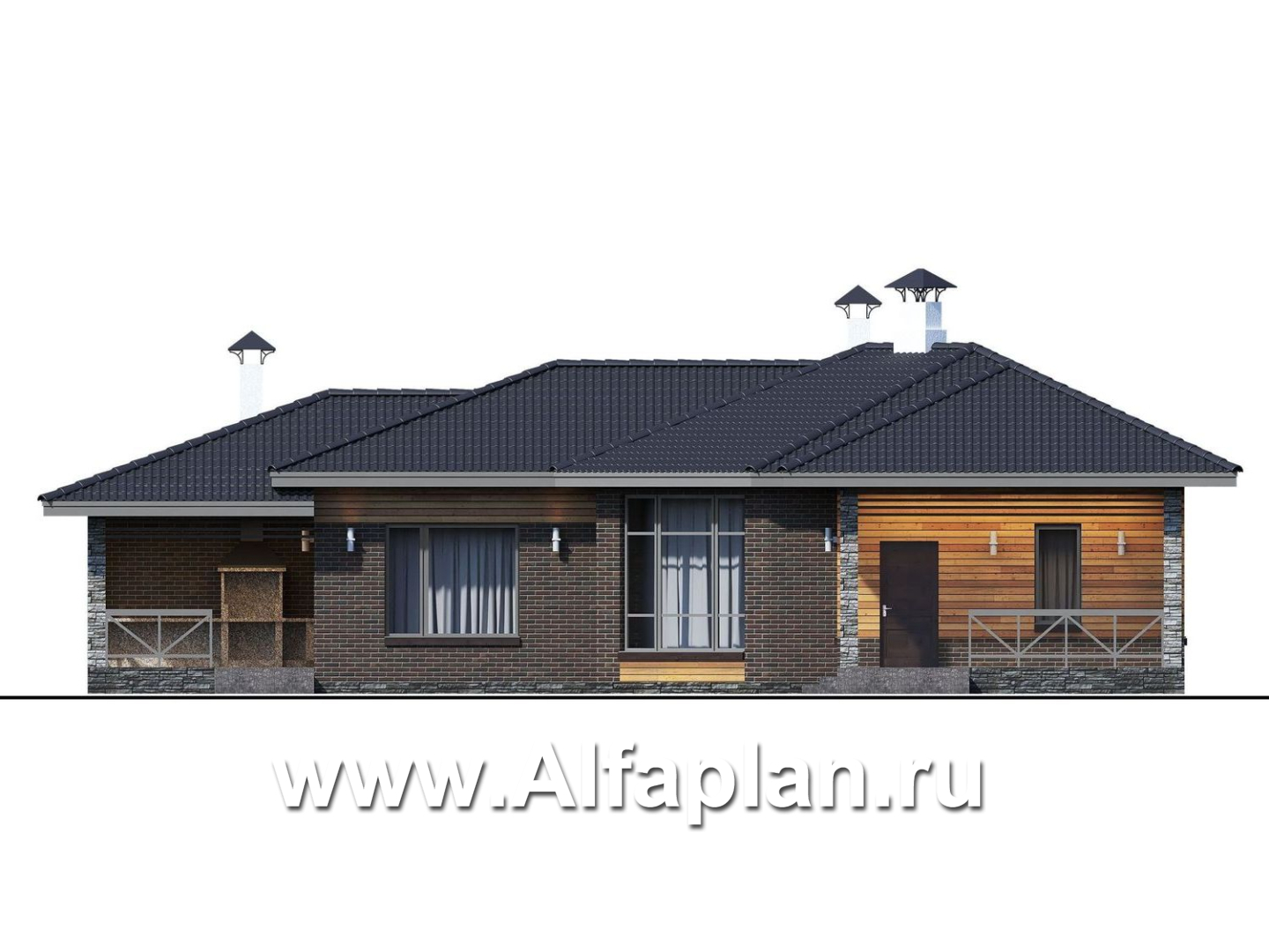 «Пульсар» - проект одноэтажного КАРКАСНОГО дома, с диагональным планом,  с террасой и барбекю - фасад дома - фото №1