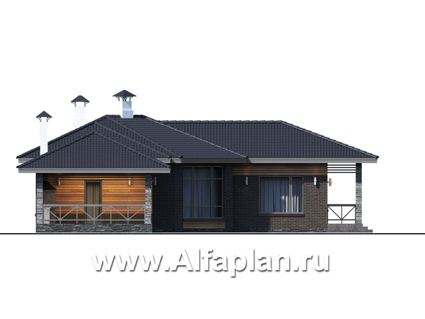 «Пульсар» - проект одноэтажного КАРКАСНОГО дома, с диагональным планом,  с террасой и барбекю - фасад дома - фото №4