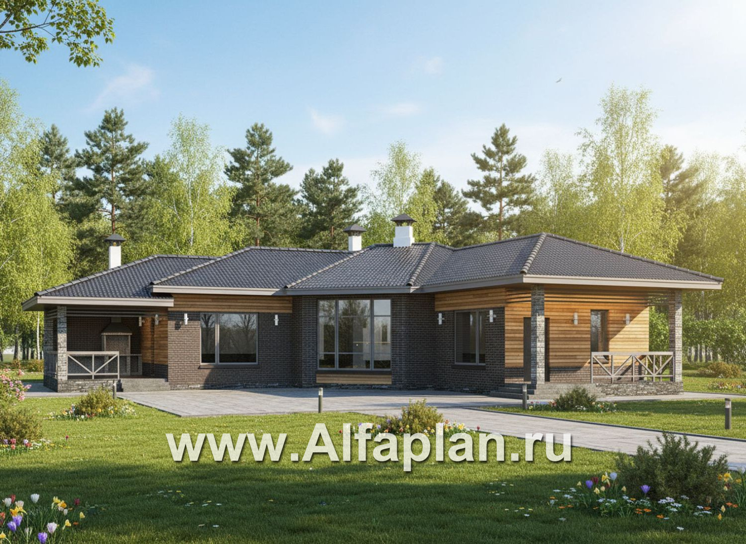 «Пульсар» - проект одноэтажного КАРКАСНОГО дома, с диагональным планом,  с террасой и барбекю - дизайн дома №1