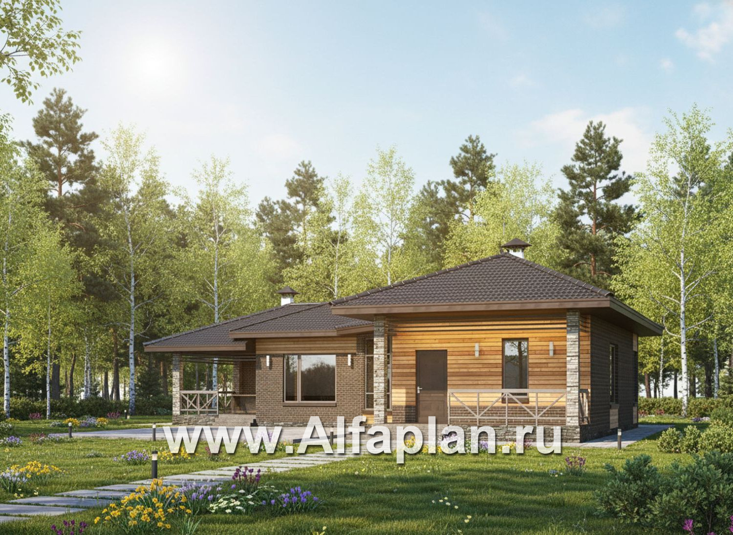 «Пульсар» - проект одноэтажного КАРКАСНОГО дома, с диагональным планом,  с террасой и барбекю - дизайн дома №2