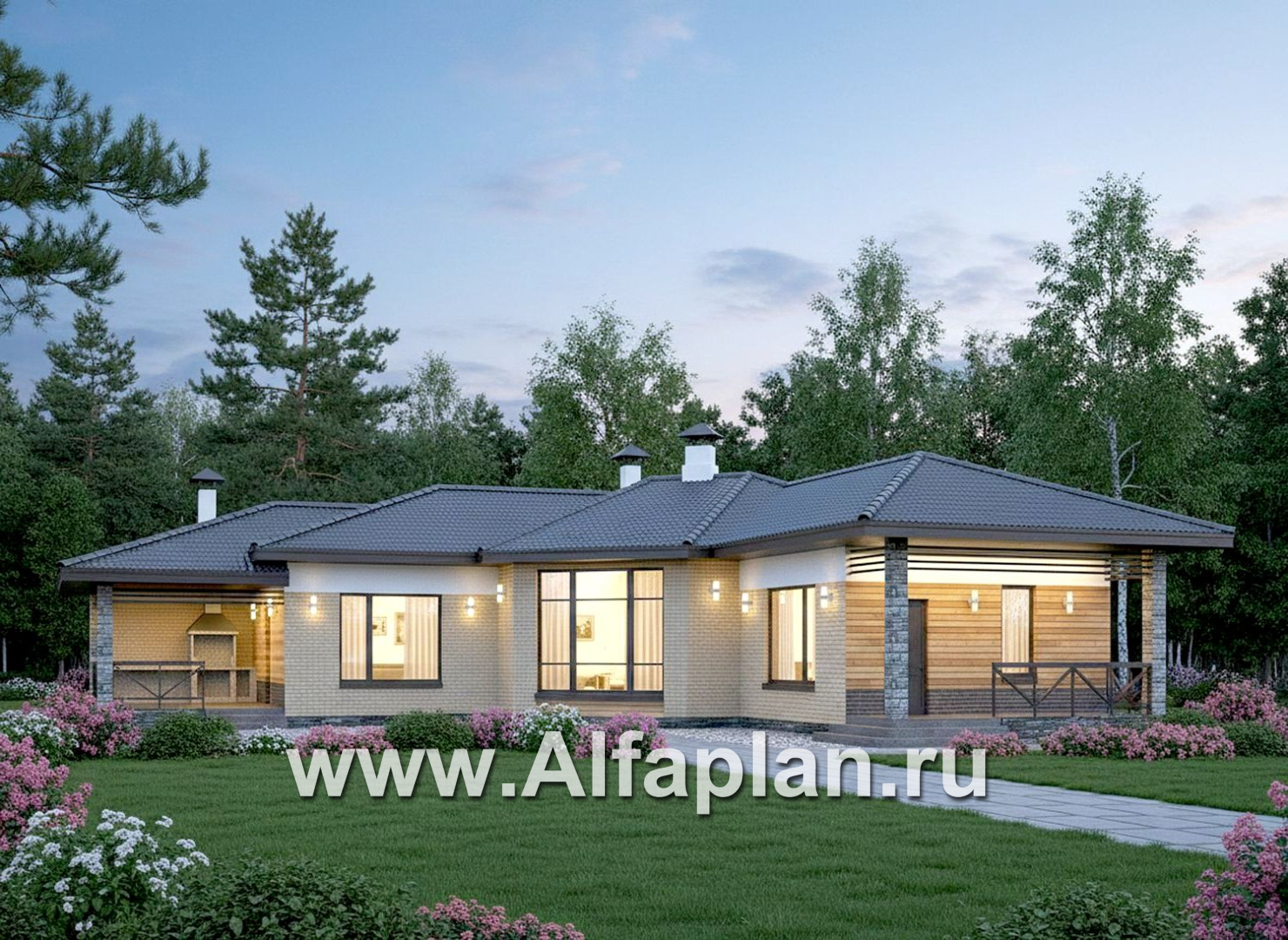 «Пульсар» - проект одноэтажного КАРКАСНОГО дома, с диагональным планом,  с террасой и барбекю - дизайн дома №4