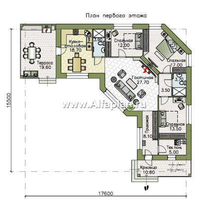 «Пульсар» - проект одноэтажного КАРКАСНОГО дома, с диагональным планом,  с террасой и барбекю - превью план дома - фото №1