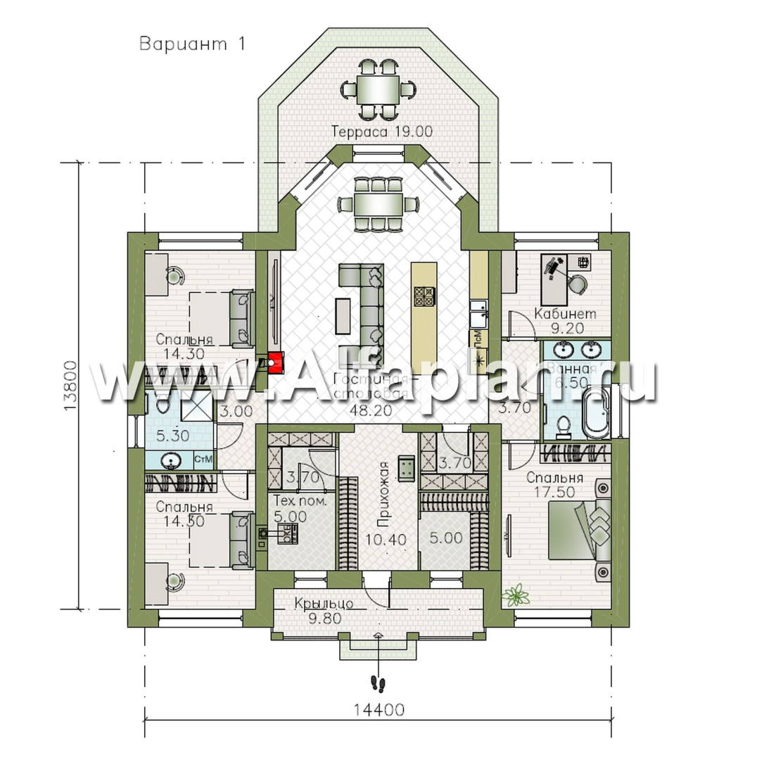«Антарес» - проект одноэтажного дома в классическом стиле из газобетона, с эркером, мастер спальня, кладовка при кухне - план дома - фото №1