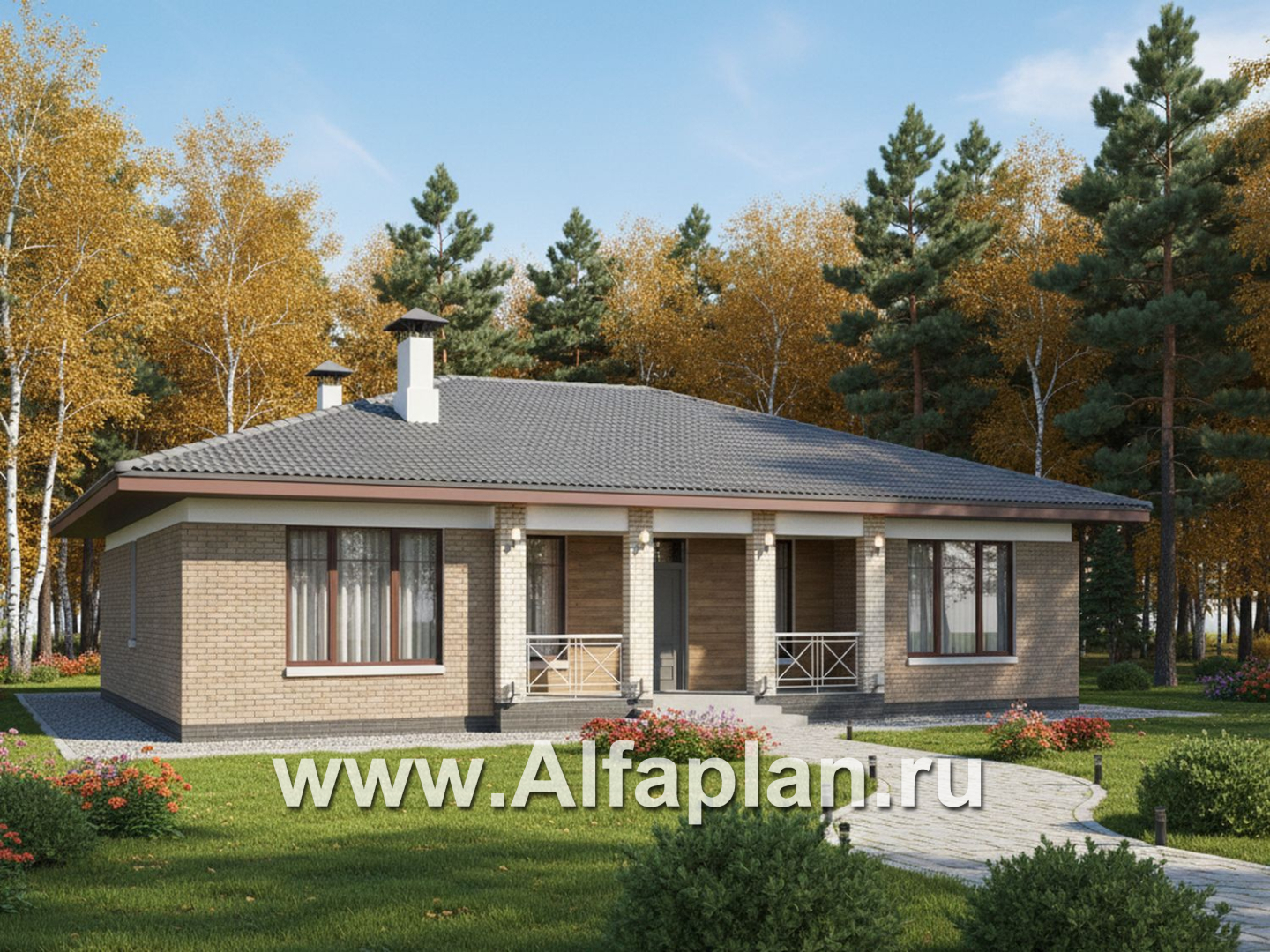 «Антарес» - проект одноэтажного дома в классическом стиле из газобетона, с эркером, мастер спальня, кладовка при кухне - дизайн дома №1