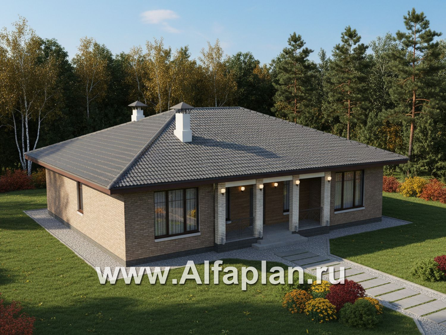 «Антарес» - проект одноэтажного дома в классическом стиле из газобетона, с эркером, мастер спальня, кладовка при кухне - дизайн дома №4