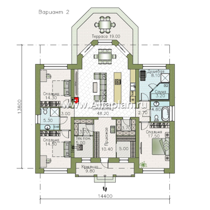 «Антарес» - проект одноэтажного дома в классическом стиле из газобетона, с эркером, мастер спальня, кладовка при кухне - превью план дома - фото №2