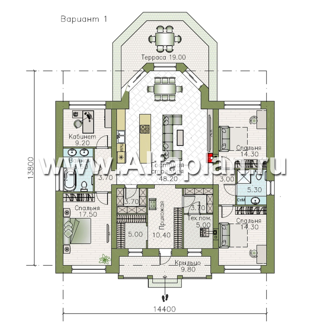 «Антарес» - проект одноэтажного дома в классическом стиле из газобетона, с эркером, мастер спальня, кладовка при кухне - план дома - фото №1