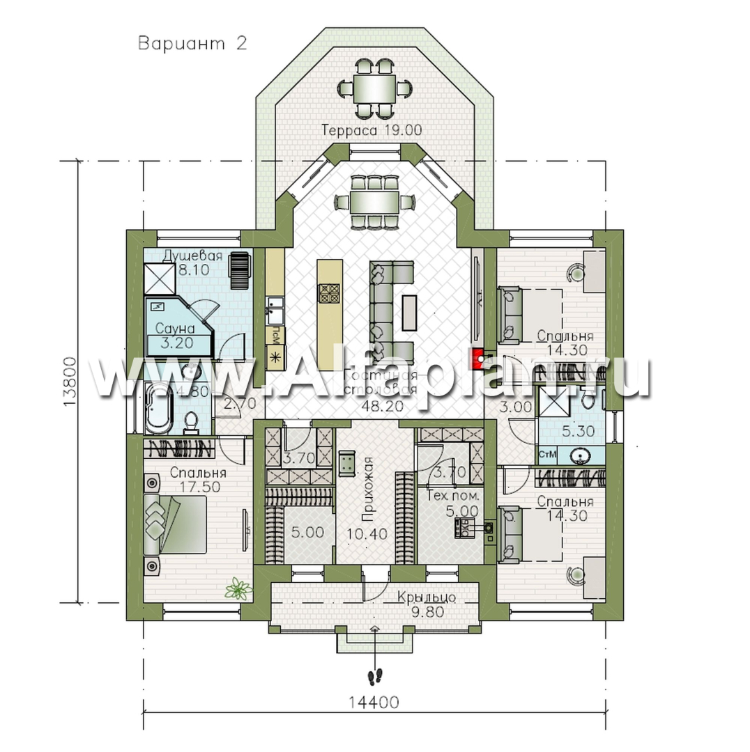 «Антарес» - проект одноэтажного дома в классическом стиле из газобетона, с эркером, мастер спальня, кладовка при кухне - план дома - фото №2