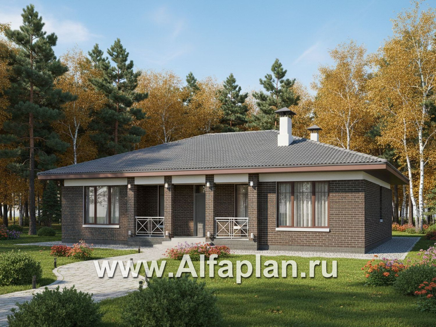 «Антарес» - проект одноэтажного дома в классическом стиле из газобетона, с эркером, мастер спальня, кладовка при кухне - основное изображение