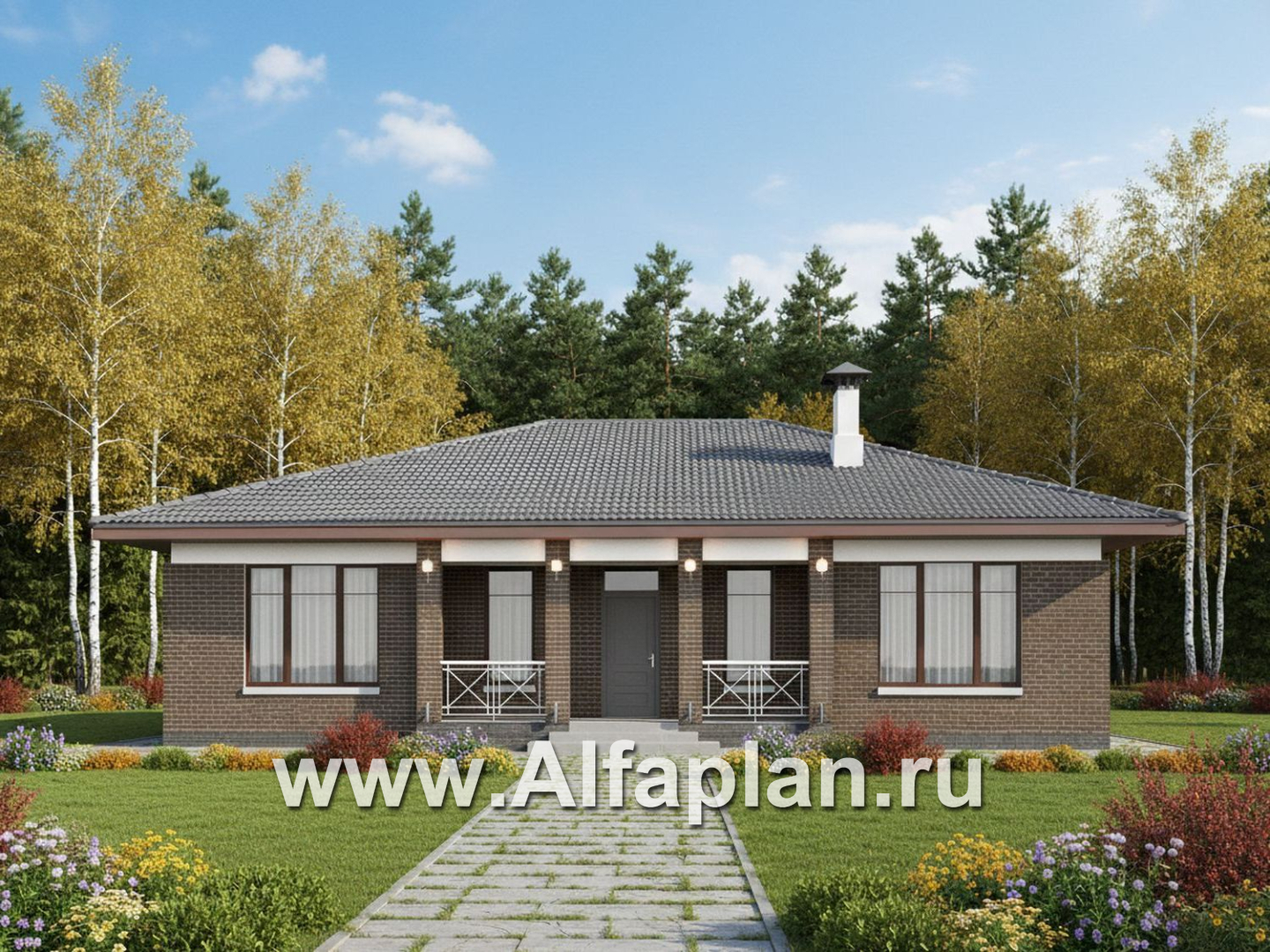 «Антарес» - проект одноэтажного дома в классическом стиле из газобетона, с эркером, мастер спальня, кладовка при кухне - дизайн дома №1