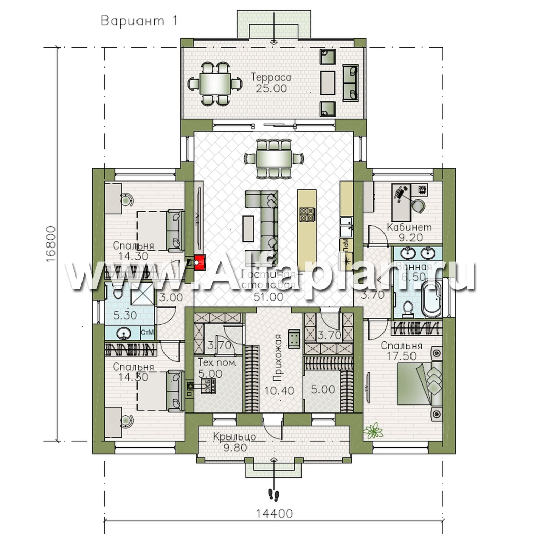 «Антарес» - проект одноэтажного дома в классическом стиле из газобетона, с террасой, мастер спальня, кладовка при кухне - план дома - фото №1