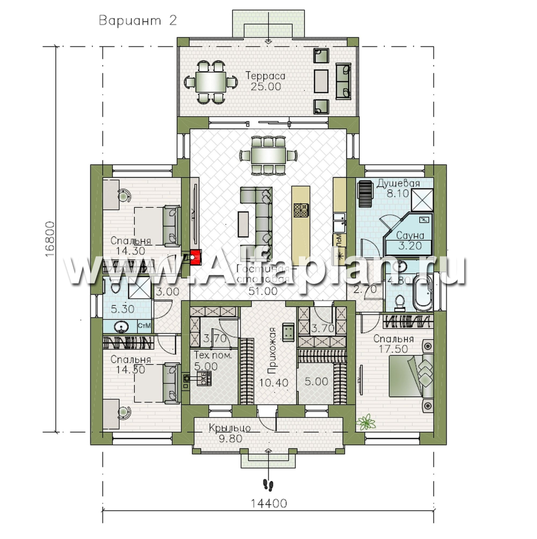 «Антарес» - проект одноэтажного дома в классическом стиле из газобетона, с террасой, мастер спальня, кладовка при кухне - план дома - фото №2