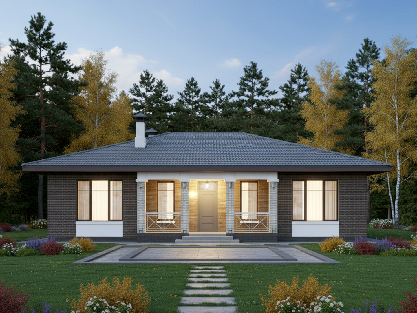«Антарес» - проект одноэтажного дома в классическом стиле из газобетона, с террасой, мастер спальня, кладовка при кухне - основное изображение
