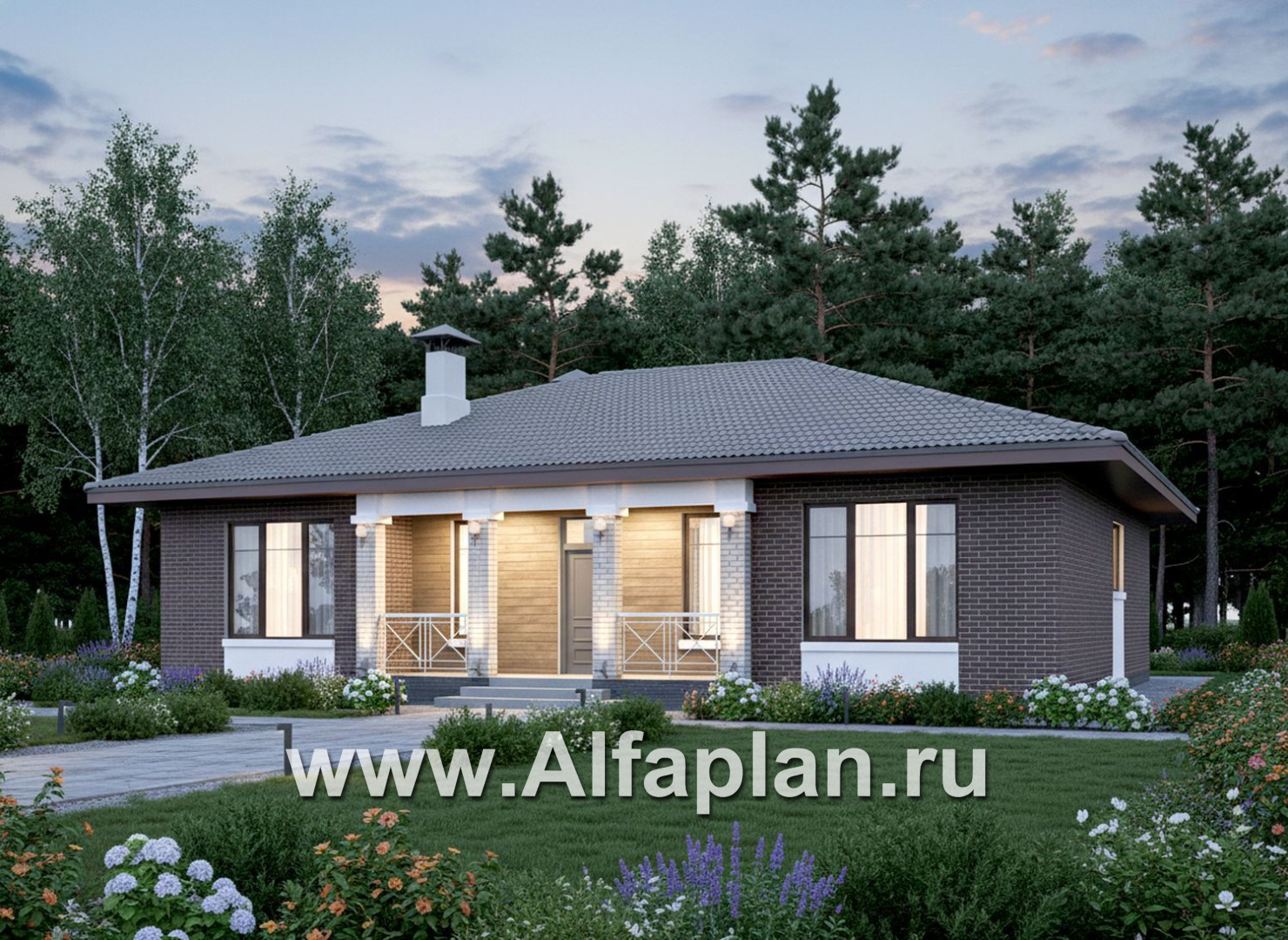 «Антарес» - проект одноэтажного дома в классическом стиле из газобетона, с террасой, мастер спальня, кладовка при кухне - дизайн дома №1