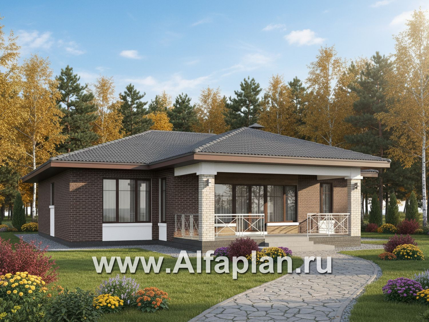 «Антарес» - проект одноэтажного дома в классическом стиле из газобетона, с террасой, мастер спальня, кладовка при кухне - дизайн дома №4