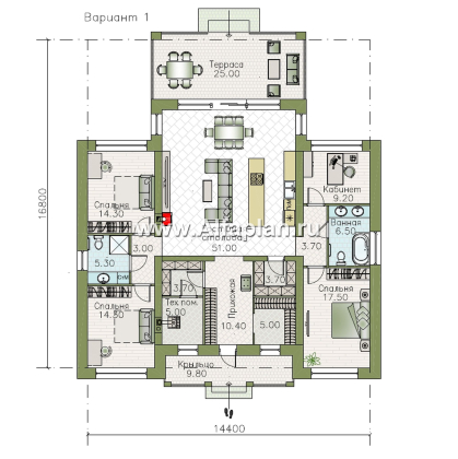 «Антарес» - проект одноэтажного дома в классическом стиле из газобетона, с террасой, мастер спальня, кладовка при кухне - превью план дома - фото №1