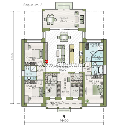 «Антарес» - проект одноэтажного дома в классическом стиле из газобетона, с террасой, мастер спальня, кладовка при кухне - превью план дома - фото №2