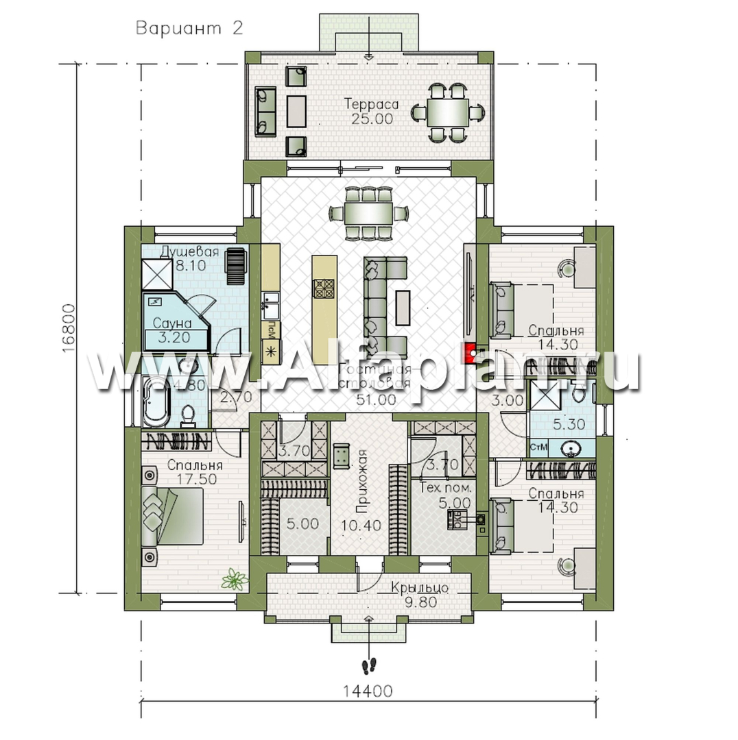 «Антарес» - проект одноэтажного дома в классическом стиле из газобетона, с террасой, мастер спальня, кладовка при кухне - план дома - фото №2