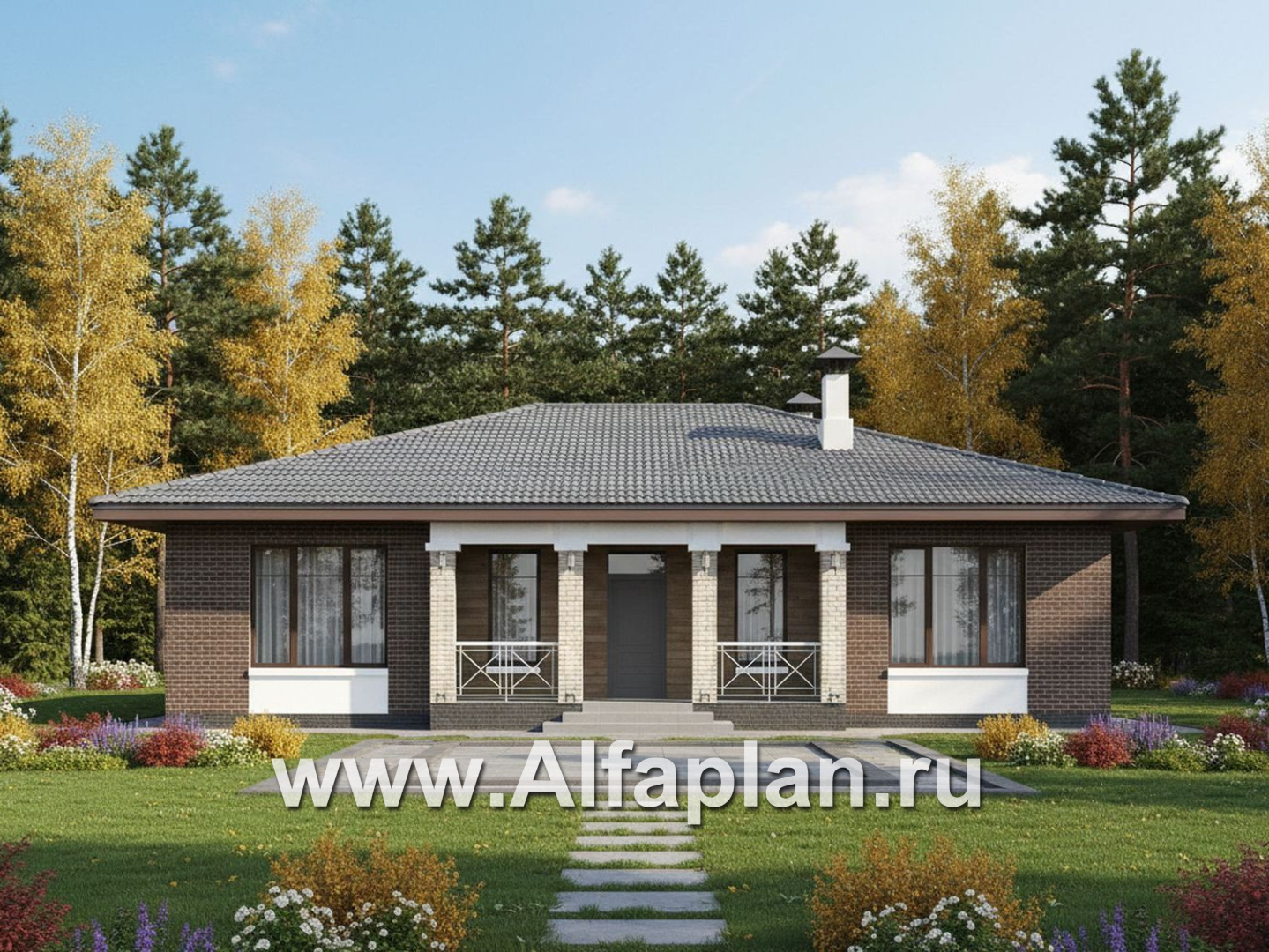 «Антарес» - проект одноэтажного дома в классическом стиле из газобетона, с террасой, мастер спальня, кладовка при кухне - основное изображение