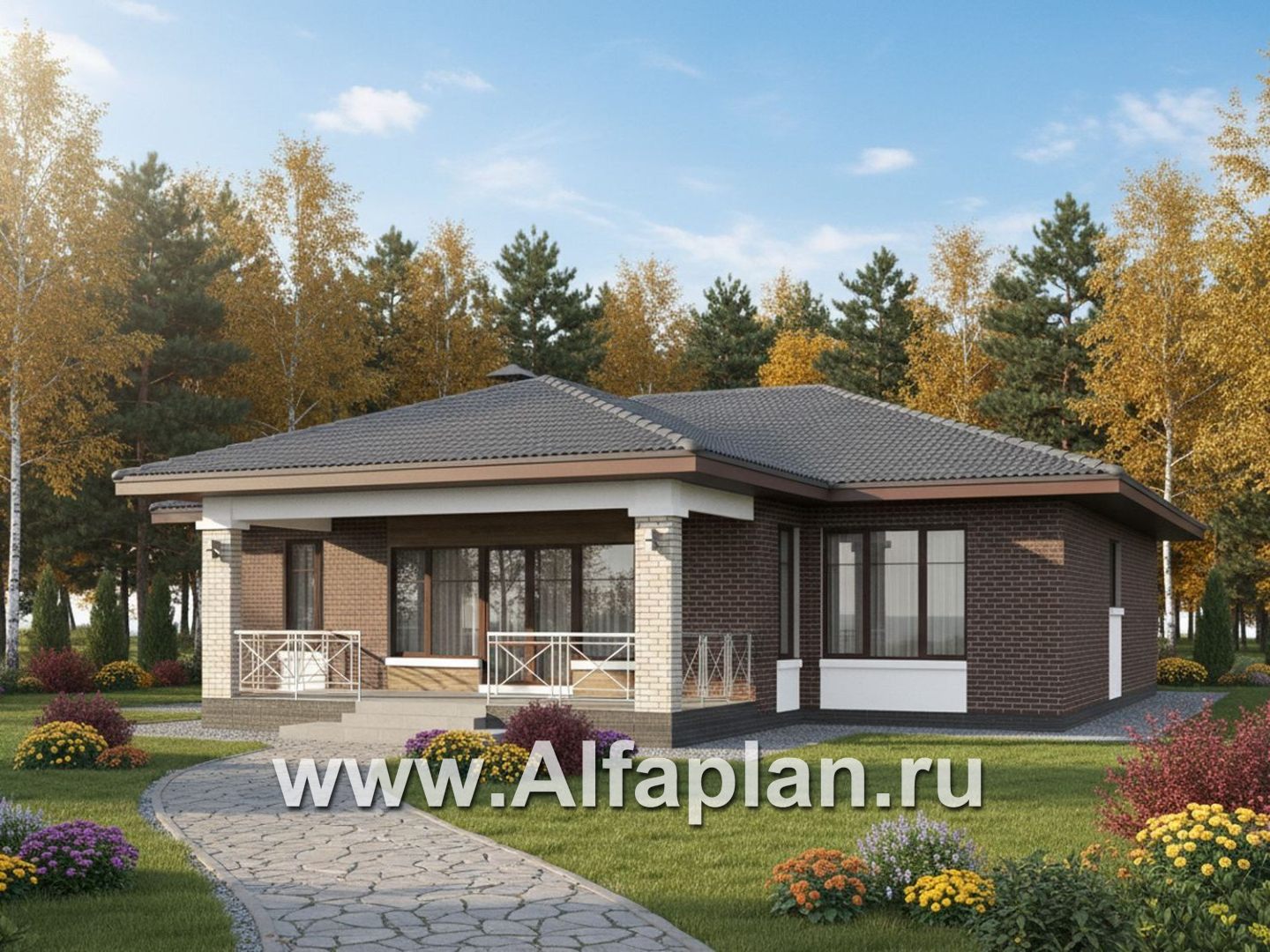 «Антарес» - проект одноэтажного дома в классическом стиле из газобетона, с террасой, мастер спальня, кладовка при кухне - дизайн дома №4