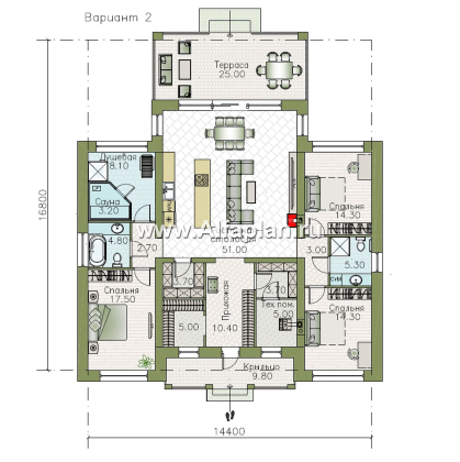 «Антарес» - проект одноэтажного дома в классическом стиле из газобетона, с террасой, мастер спальня, кладовка при кухне - превью план дома - фото №2