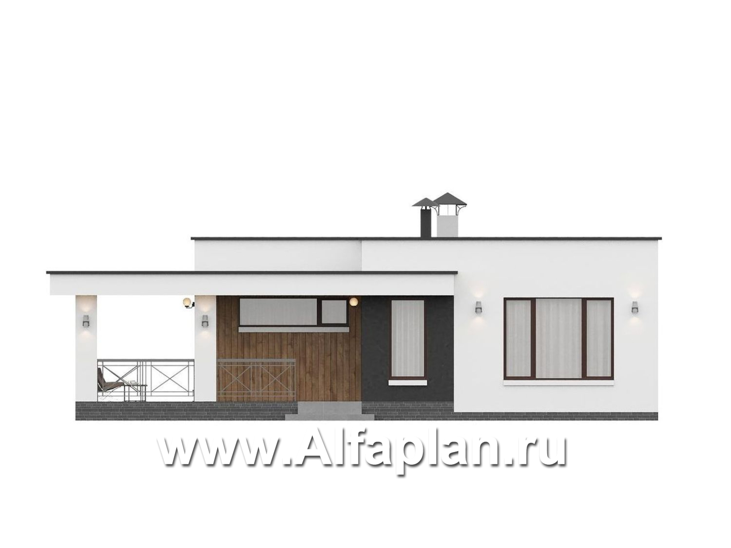 «Подлипье» - экономичный одноэтажный коттедж с плоской кровлей, планировка 2 спальни, с террасой - фасад дома - фото №1