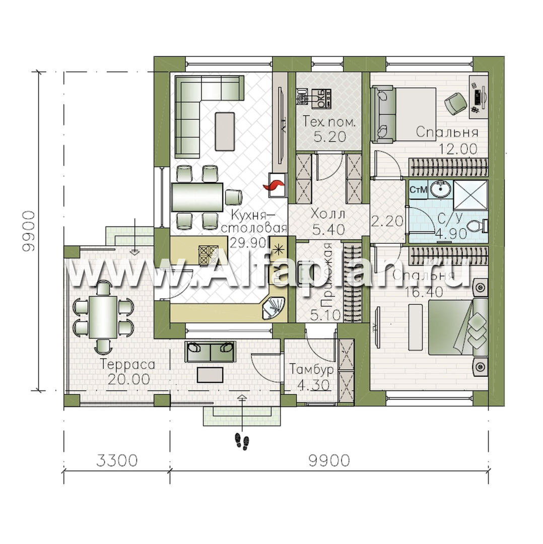 «Подлипье» - экономичный одноэтажный коттедж с плоской кровлей, планировка 2 спальни, с террасой - план дома - фото №1