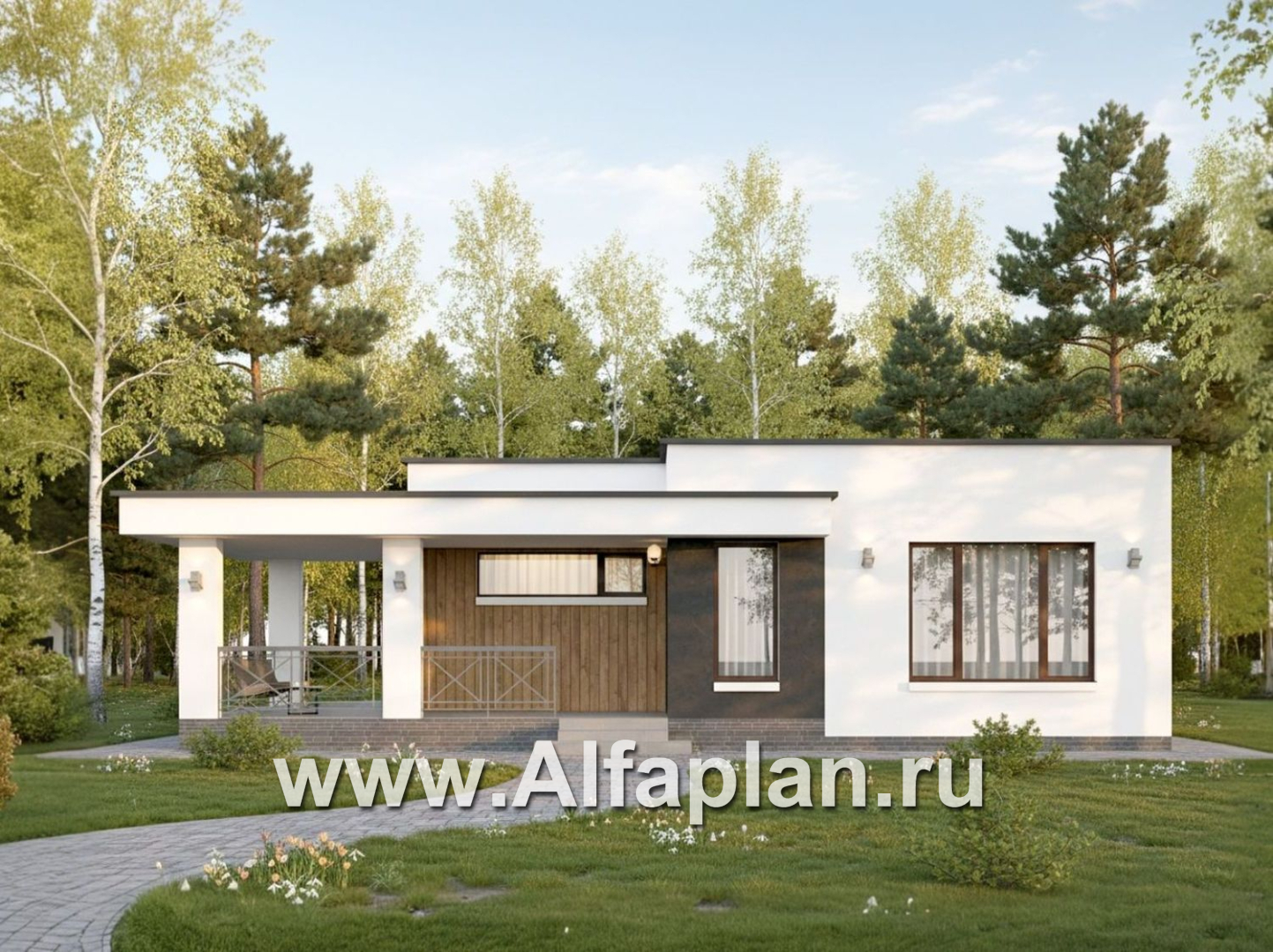 «Подлипье» - экономичный одноэтажный коттедж с плоской кровлей, планировка 2 спальни, с террасой - дизайн дома №3