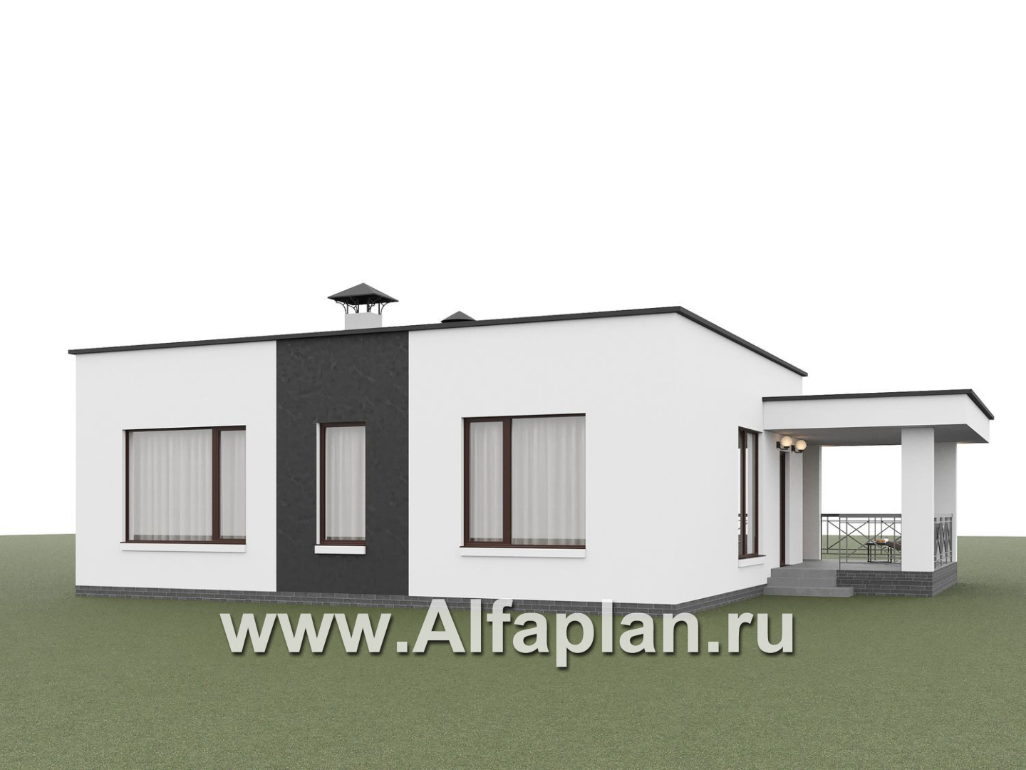 «Подлипье» - экономичный одноэтажный коттедж с плоской кровлей, планировка 2 спальни, с террасой - дизайн дома №4