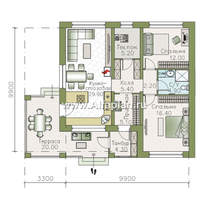 «Подлипье» - экономичный одноэтажный коттедж с плоской кровлей, планировка 2 спальни, с террасой - превью план дома - фото №1
