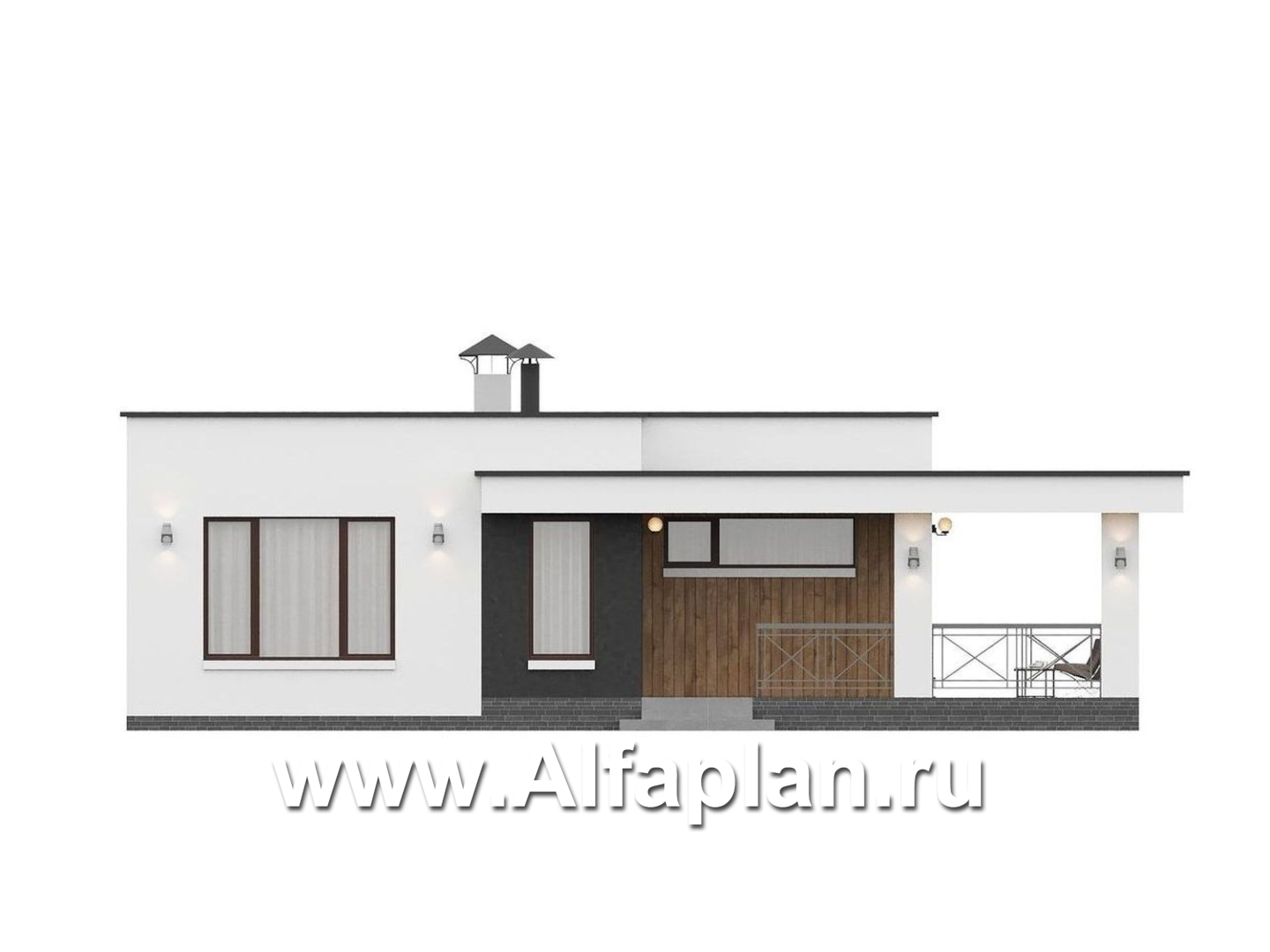 «Подлипье» - экономичный одноэтажный коттедж с плоской кровлей, планировка 2 спальни, с террасой - фасад дома - фото №1