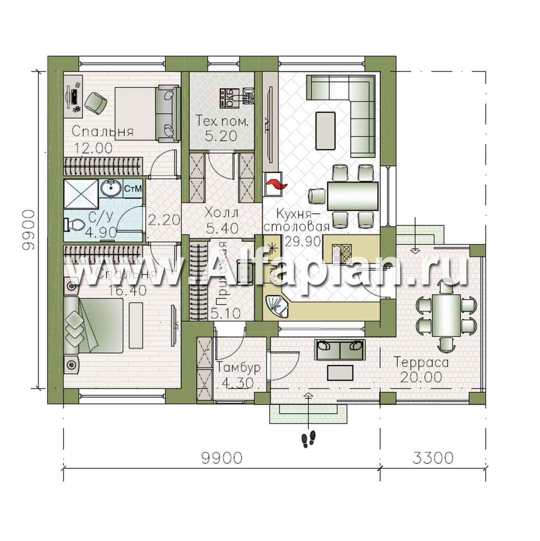 «Подлипье» - экономичный одноэтажный коттедж с плоской кровлей, планировка 2 спальни, с террасой - план дома - фото №1