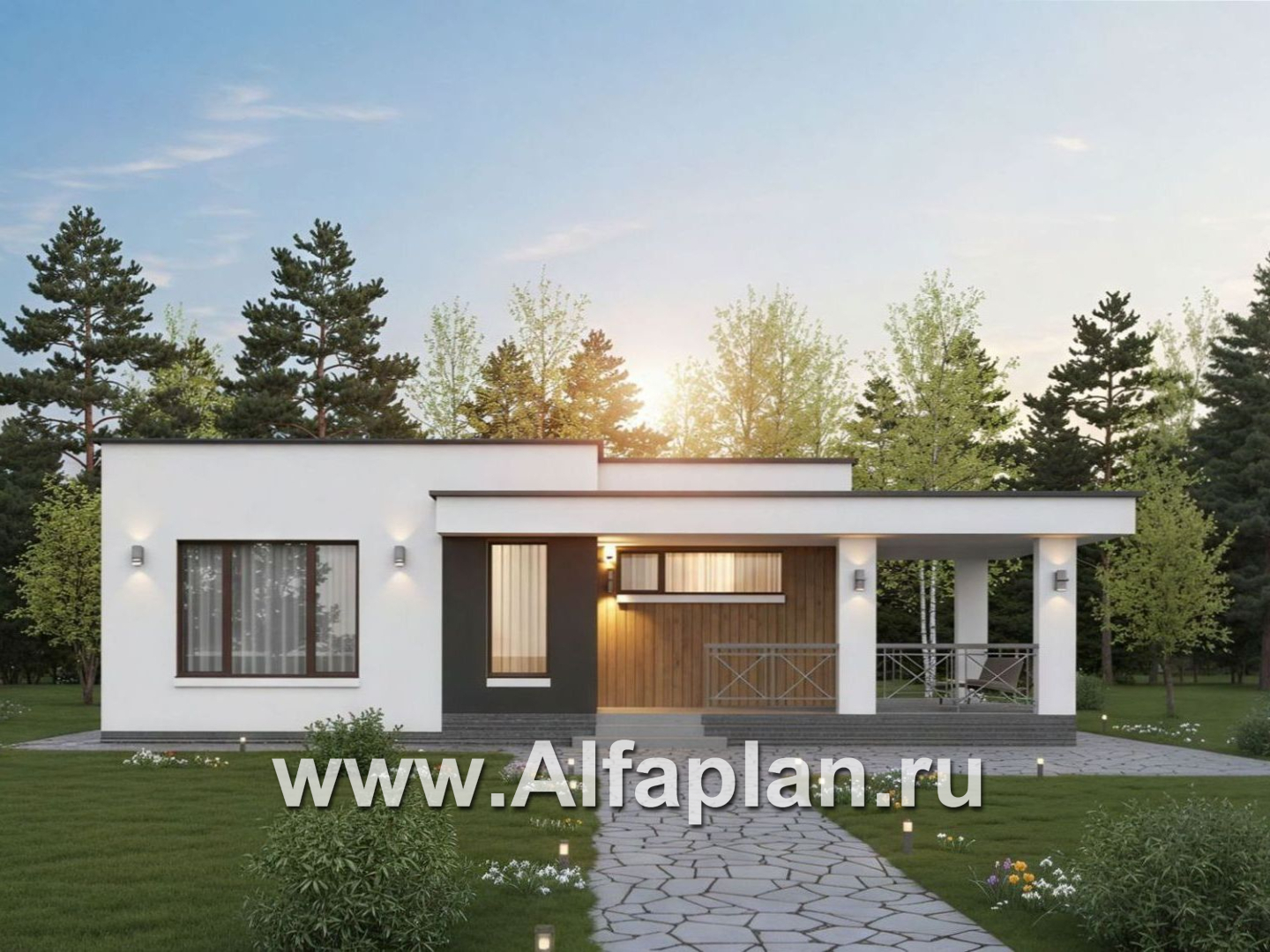 «Подлипье» - экономичный одноэтажный коттедж с плоской кровлей, планировка 2 спальни, с террасой - основное изображение