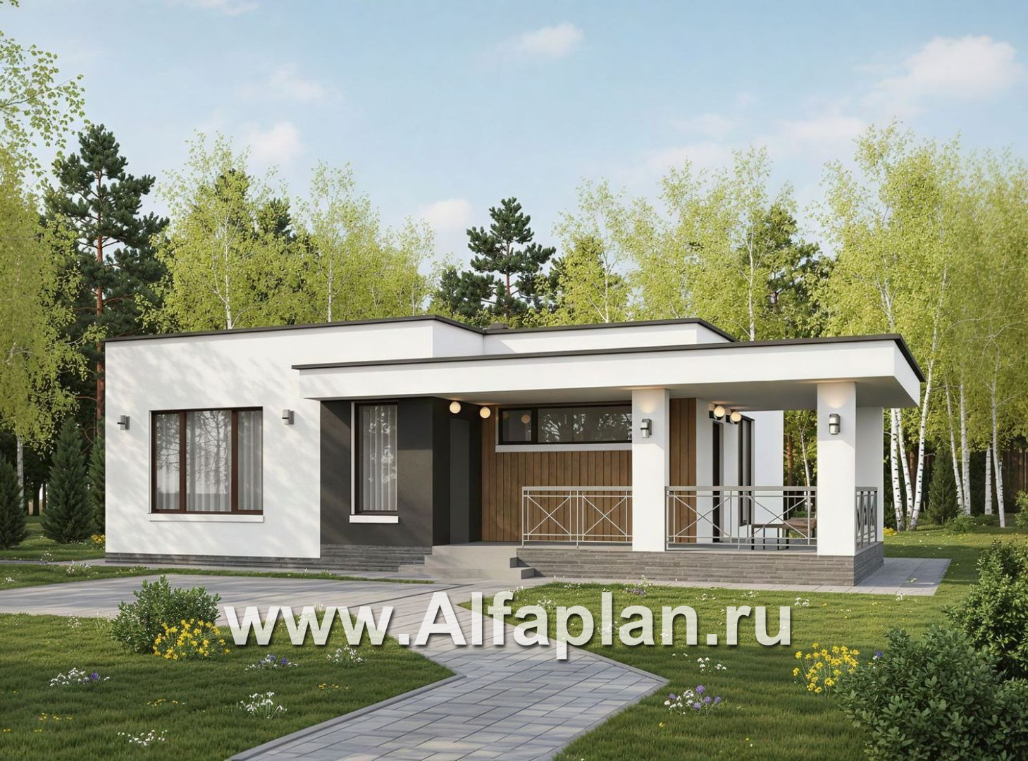 «Подлипье» - экономичный одноэтажный коттедж с плоской кровлей, планировка 2 спальни, с террасой - дизайн дома №1