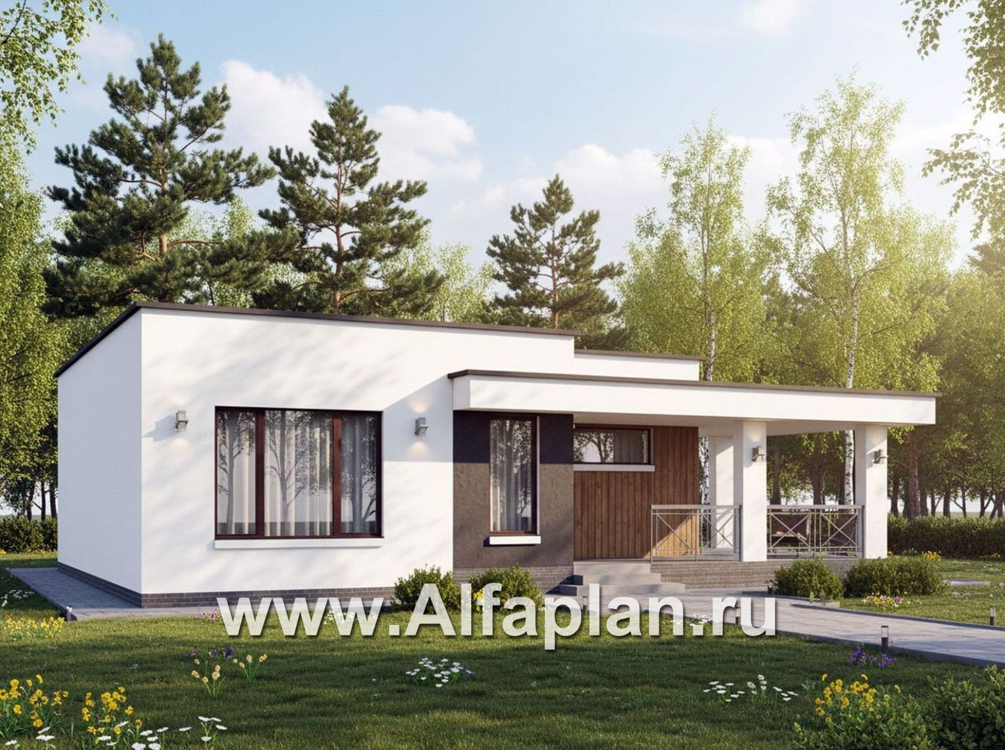 «Подлипье» - экономичный одноэтажный коттедж с плоской кровлей, планировка 2 спальни, с террасой - дизайн дома №2